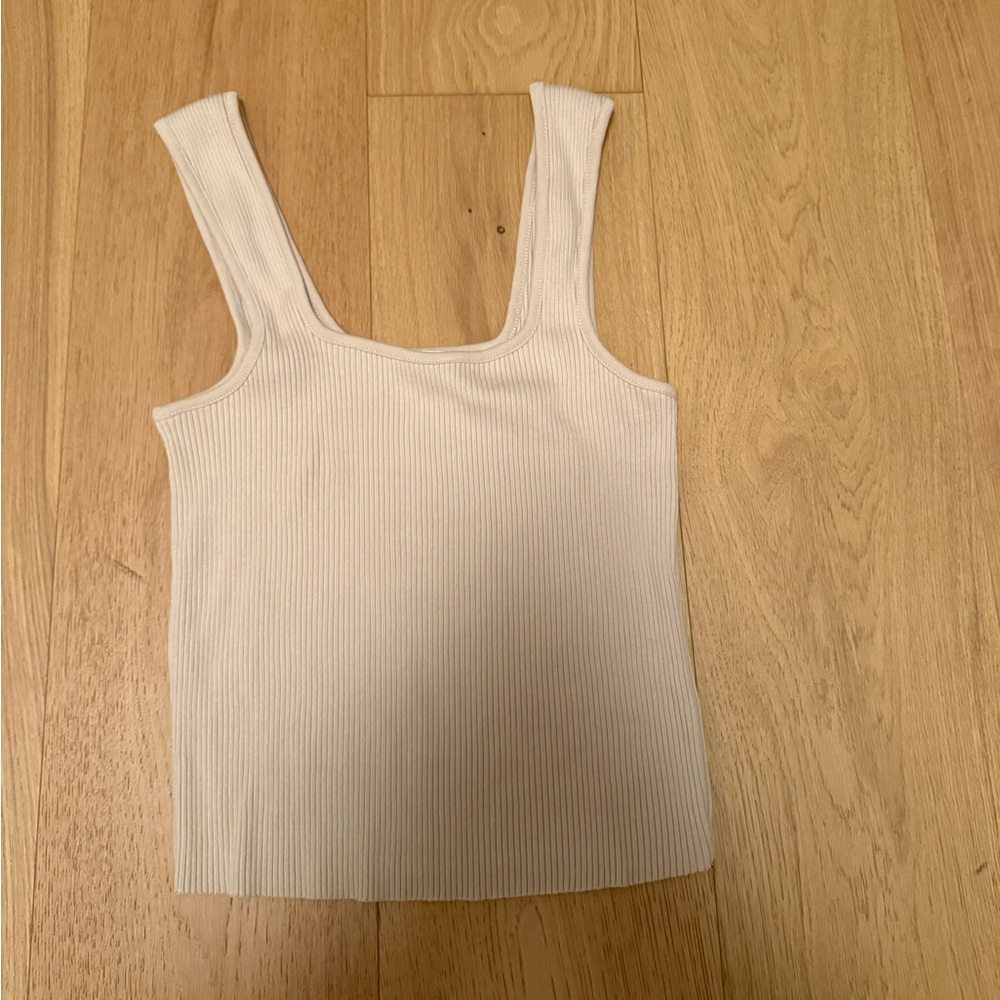 Vince Square Neck Ribbed Tank Top Cream Medium cotton elevated basics old money - Picture 2 of 5